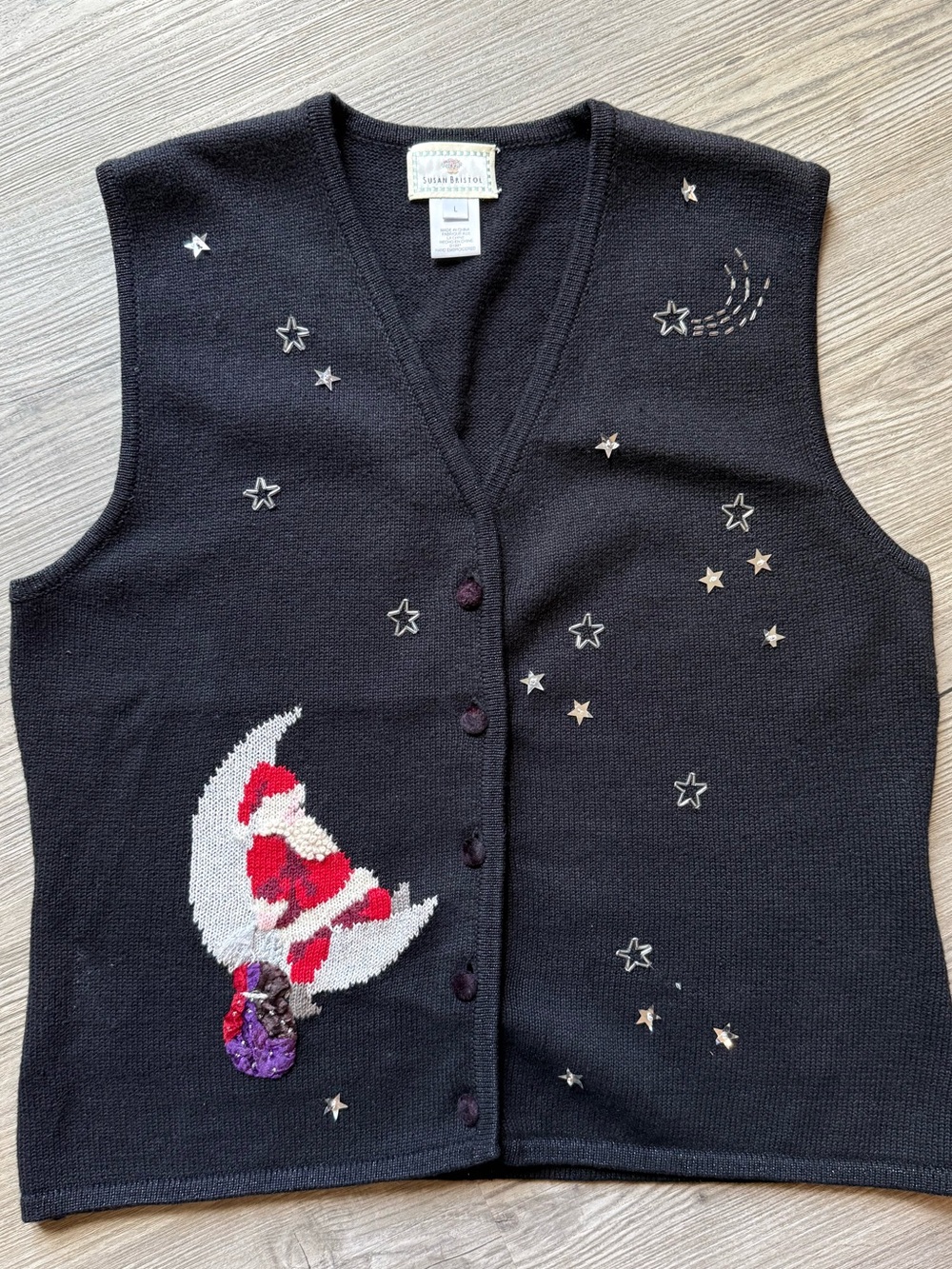 Vintage Susan Bristol Christmas Sweater Vest Santa Moon Stars Black Womens L 90s